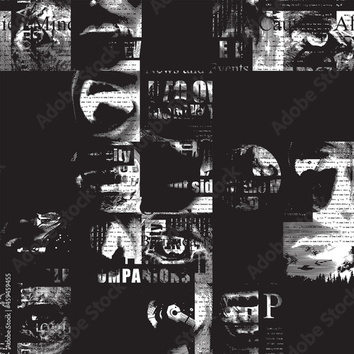 Abstract seamless pattern with fragments of unreadable newspaper text, illustrations and titles. Monochrome vector background in grunge style. Suitable for wallpaper, wrapping paper, fabric design