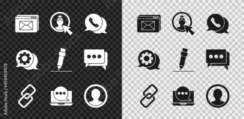 Set Website and envelope, Create account screen, Telephone with speech bubble chat, Chain link, Chat messages notification laptop, Speech and Pencil eraser icon. Vector