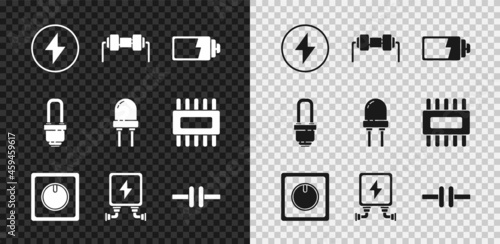 Set Lightning bolt, Resistor electricity, Battery charge level indicator, Electric light switch, transformer, circuit scheme, LED bulb and emitting diode icon. Vector