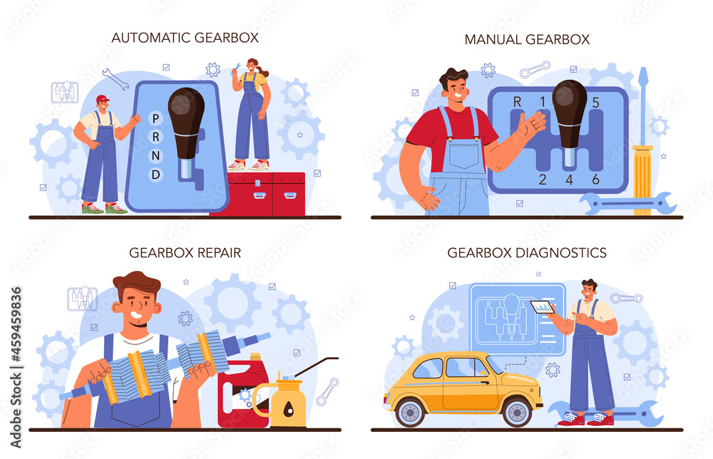 Car repair service set. Automobile gearbox got fixed in car workshop
