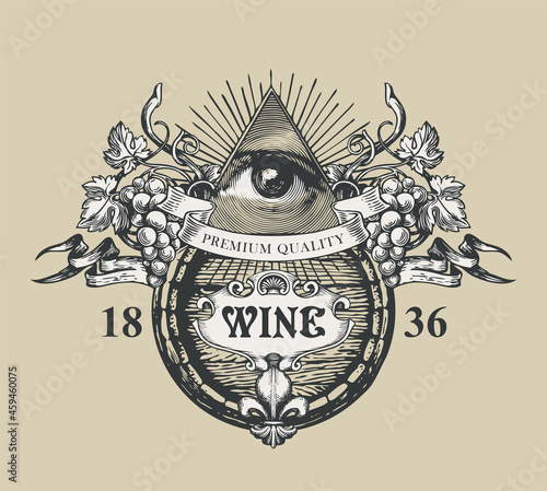 A hand-drawn vector banner with the inscription Wine, an all-seeing eye, bunches of grapes, fleur de lis and wooden barrel. Ornate wine label in the form of a vintage coat of arms on a beige backdrop
