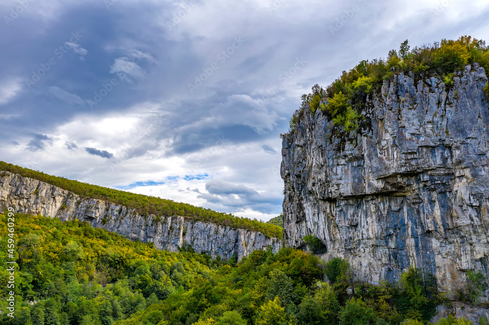 Mountain landscape. Scenic view of a mountain with big vertical rocks