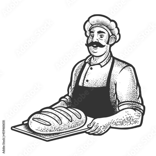 baker with bread sketch engraving vector illustration. T-shirt apparel print design. Scratch board imitation. Black and white hand drawn image.