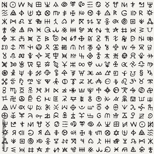 Abstract seamless pattern with occult signs and magical runes. Vector background with black ancient esoteric, mystical symbols on a light backdrop. Spiritual texture with a fictional runic alphabet