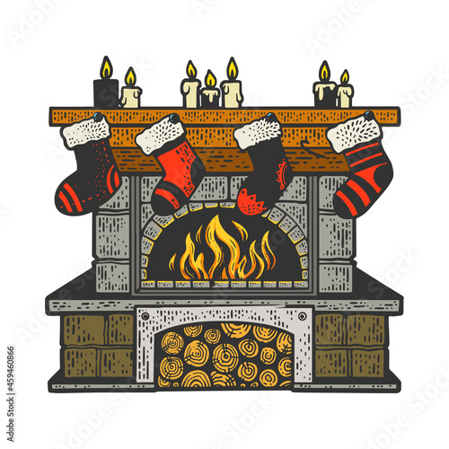 christmas fireplace with Christmas stocking color sketch engraving vector illustration. T-shirt apparel print design. Scratch board imitation. Black and white hand drawn image.