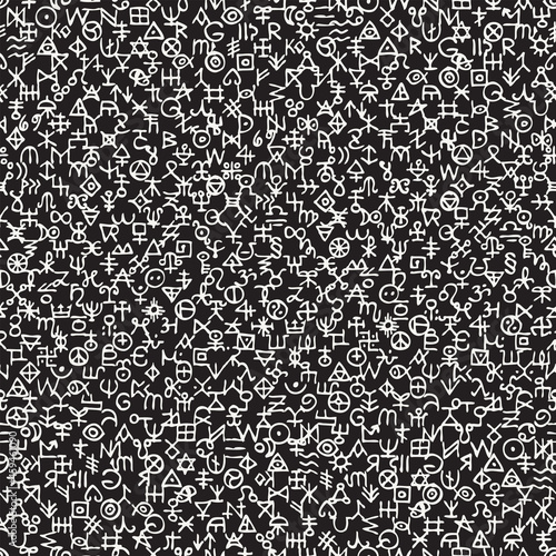Vector seamless pattern with magical runes and occult signs. Abstract background with esoteric, mystical symbols on a black backdrop. Ordered texture with a fictional runic alphabet, chalk drawing