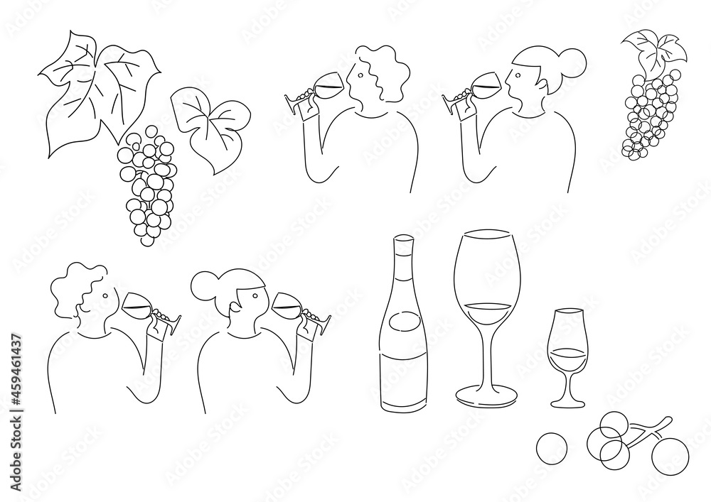 シンプルな ワインを飲む人とワインの線画イラストセット Stock Vector Adobe Stock