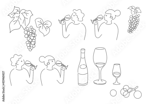 シンプルな、ワインを飲む人とワインの線画イラストセット