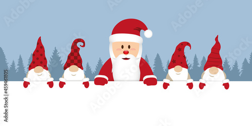 cute happy santa claus with his gnomes white banner and blue snowy background