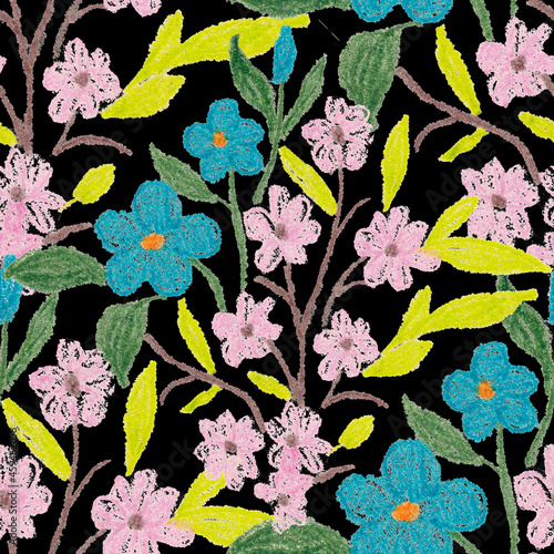 Creative seamless pattern with abstract flowers drawn with wax crayons. Brigh...