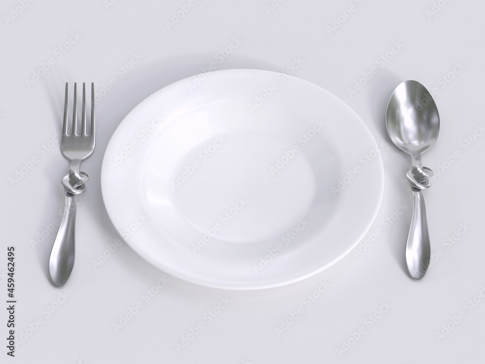 Eating restriction, fork and spoon tied to a knot 3d rendering Eating restriction, fork and spoon tied to a knot 3d rendering