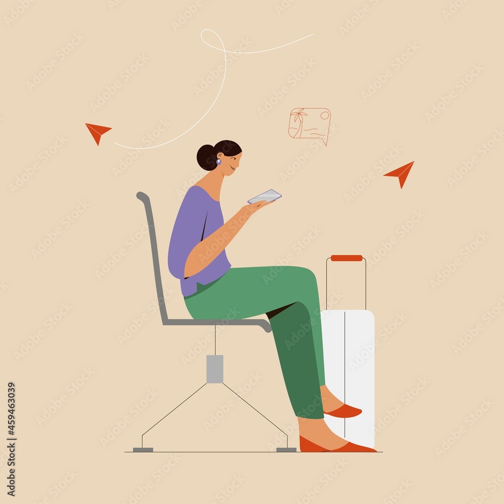 Fototapeta premium Woman waiting for the flight at the airport with smartphone and luggage, cheking in or booking a flight. Vector illustration