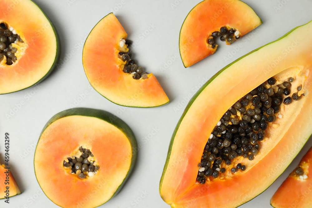 Flat lay with papaya on light gray background Flat lay with papaya on light gray background