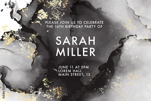 Elegant luxury black invitation, Modern label, party invite, birthday decor, vip club card. Royal black gold design  alcohol ink