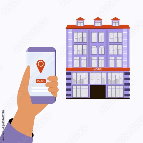 Online booking and hotel search concept. Hand holding mobile phone and hotel building in background. Vector illustration in flat style