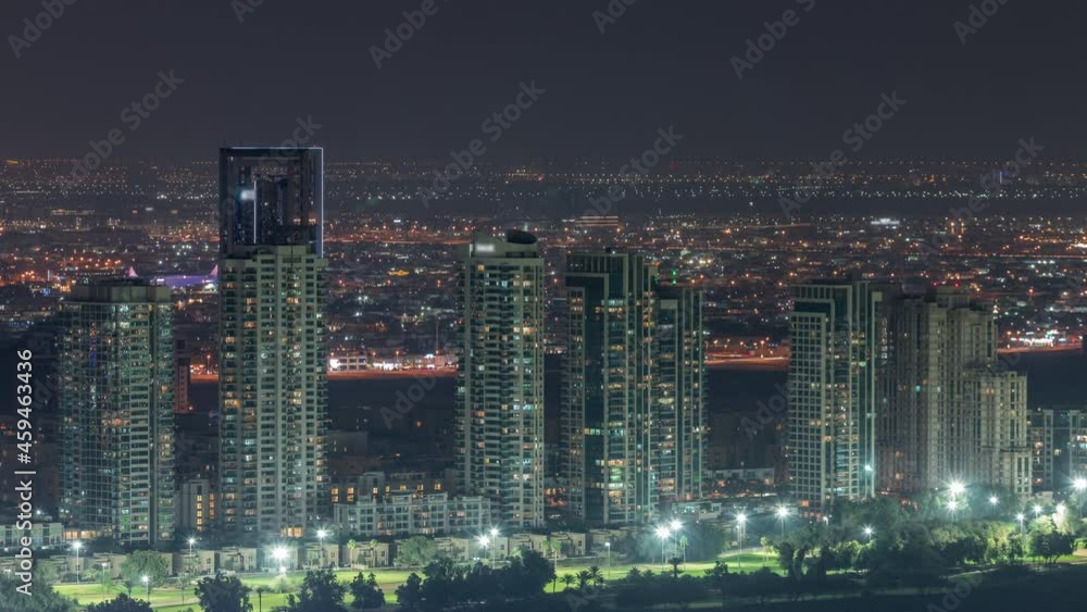 Aerial view of greens district area night timelapse from Dubai marina. Aerial view of greens district area night timelapse from Dubai marina.