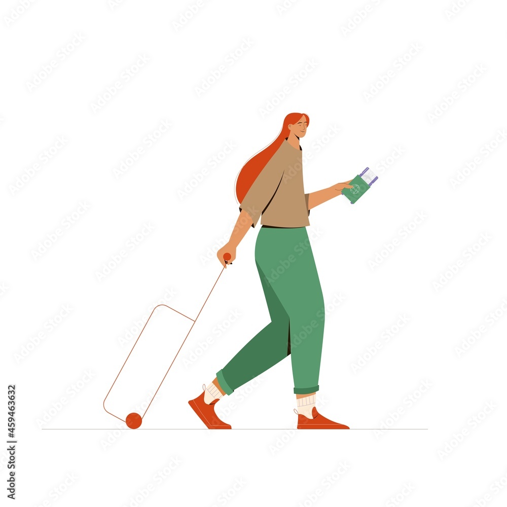 Young walking woman with luggage going to vacation, holding paasport and boarding pass. Travel concept vector illustration Young walking woman with luggage going to vacation, holding paasport and boarding pass. Travel concept vector illustration