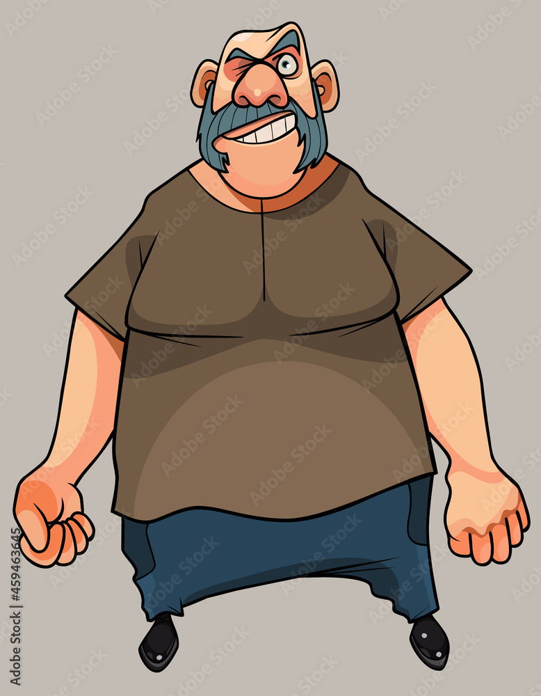 cartoon cocky man with sideburns happily looking fists clenched