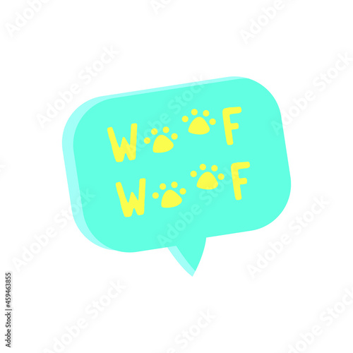 Vector blue sticker woof woof with puppy footprint. Illustration isolated on white background.