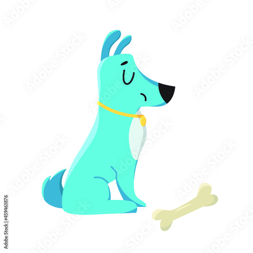 Vector illustration of cartoon blue dog with a bone. Isolated on white background. Clip art. Animal.
