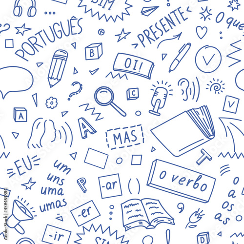 Portugues. Pattern from Portuguese language doodle. Words translation:" Portuguese. Present, the verb, hi, but, I, what, one". 
