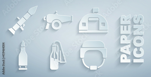 Set Cocktail molotov, Military barracks, Bullet, helmet, Cannon and Rocket launcher icon. Vector