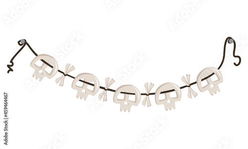 Beads of skulls and crossbones hanging from a rope. Halloween party decoration or necklace