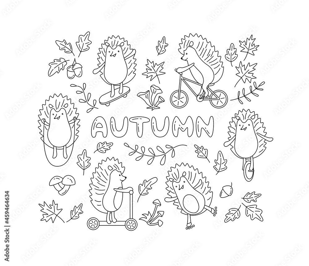Autumn composition with hedgehogs on rollers, skateboard, bicycle, scooter, mono wheel, with skipping rope and maple, oak leaves, acorns, mushrooms. Doodling vector illustration in line art style. 