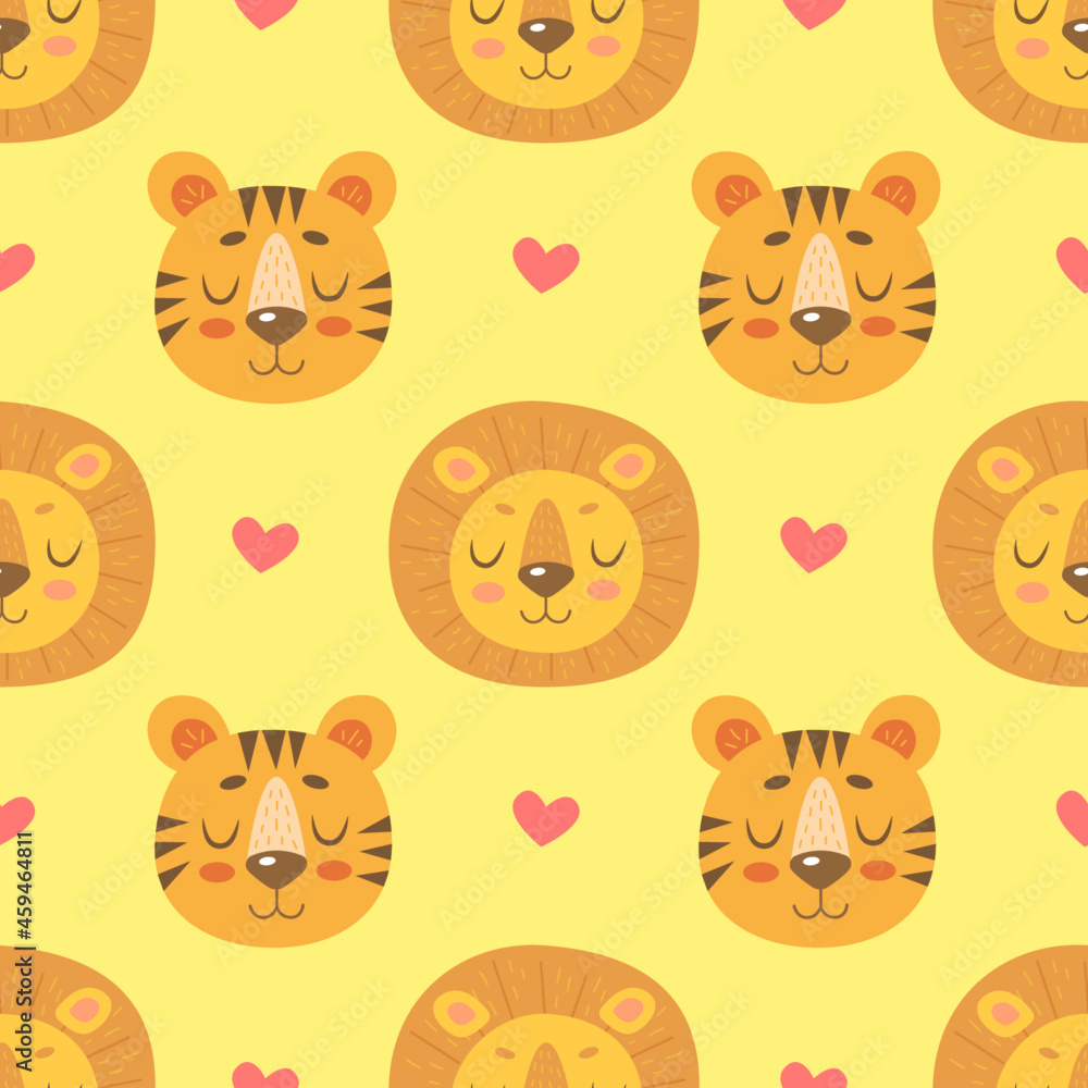 Obraz premium Seamless pattern with cute lions and tigers and hearts isolated on yellow background