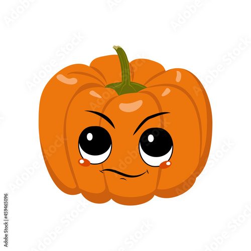 Cute pumpkin character with emotions of suspicious, displeased face. Festive decoration for Halloween. Annoyed vegetable hero