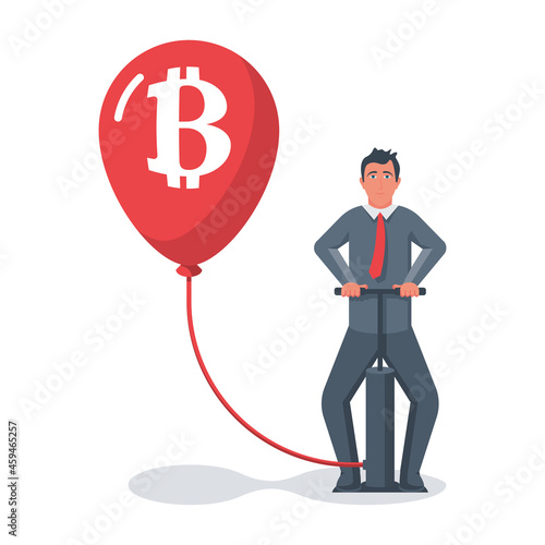 Businessman Pumps a balloon with Bitcoin symbol. Bitcoin bubble. Concept of financial pyramid. Crash cryptocurrency. Risks investing. Vector illustration flat design. Isolated on white background.