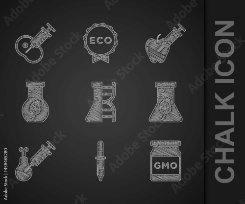 Set DNA research, search, Pipette, GMO, Test tube and flask, Gmo chicken, Genetically modified apple and meat icon. Vector