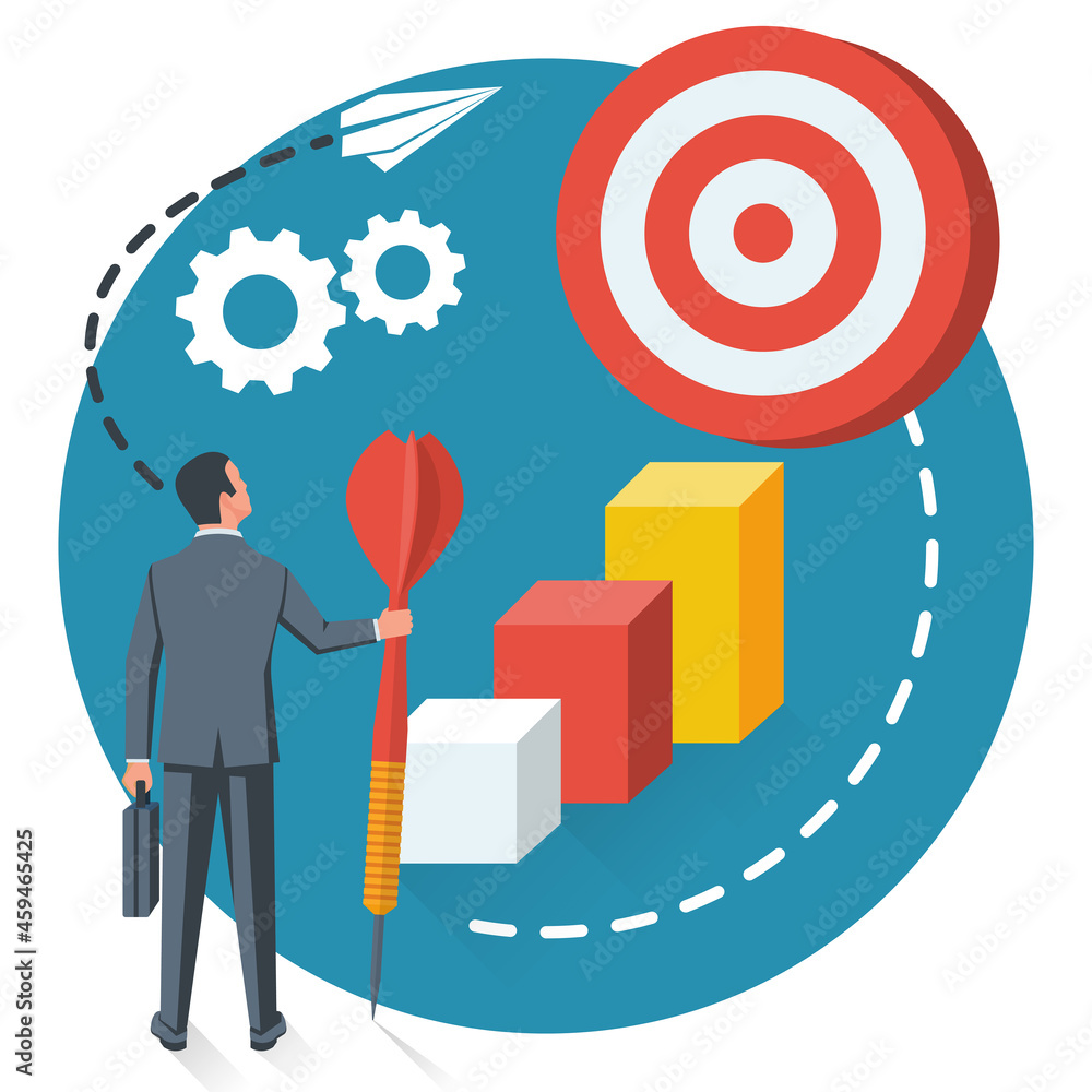 Purpose business concept. Purposeful businessman with spear in hand looks at the target. Achievement of goal. Vector illustration flat design. Aspirational people. Challenge achieve aim. Purpose business concept. Purposeful businessman with spear in hand looks at the target. Achievement of goal. Vector illustration flat design. Aspirational people. Challenge achieve aim.