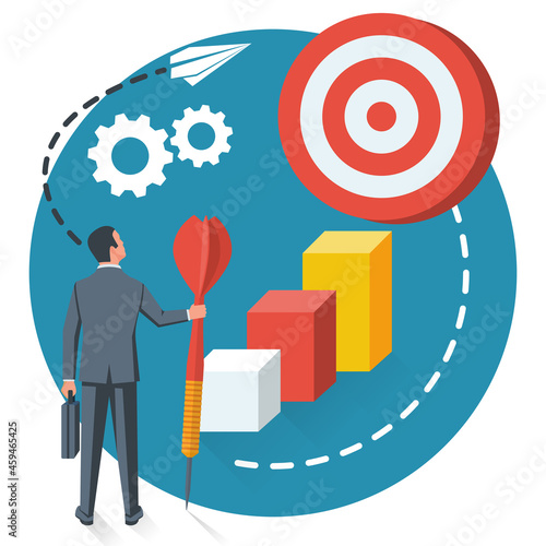 Purpose business concept. Purposeful businessman with spear in hand looks at the target. Achievement of goal. Vector illustration flat design. Aspirational people. Challenge achieve aim.