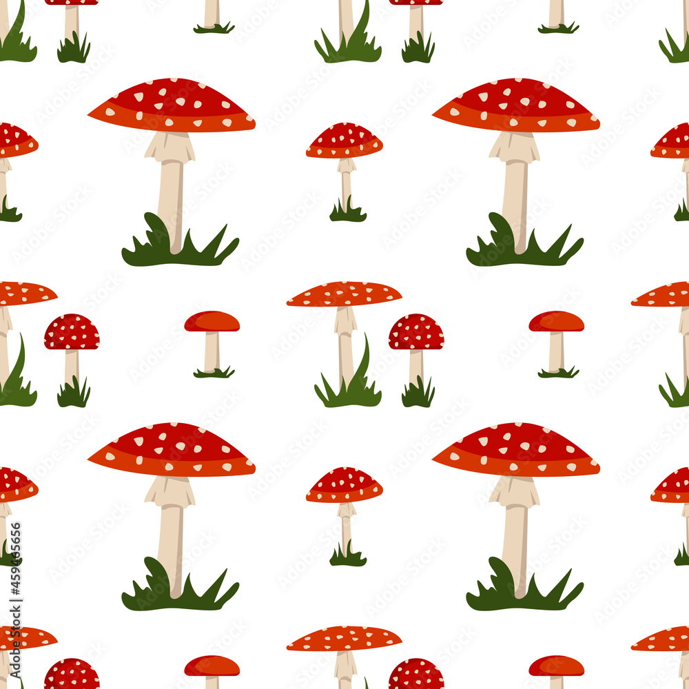 Seamless pattern with amanita mushroom with red hat and white dots and grass. Bright fly agaric print Seamless pattern with amanita mushroom with red hat and white dots and grass. Bright fly agaric print