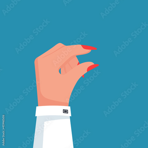 Small gesture. Hand gesture. Little Hand. Woman showing small size with her fingers. Vector illustration flat design. Isolated on white background.