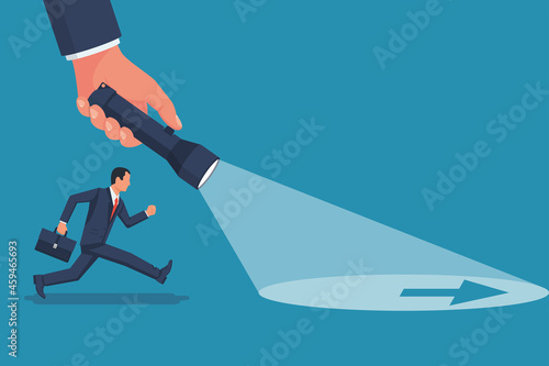 Point direction. The leader shows the way for younger employee. Flashlight direction. Human holds a flashlight in hand. Vision direction. Direction to success. Vector illustration flat design.