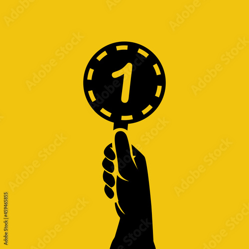 Score card 1. Number table. Digit rating on a scorecard. Human hand holding score card. Black scorecards. Juries assessment on competition. Judges hold score. Vector design. Isolated on background.
