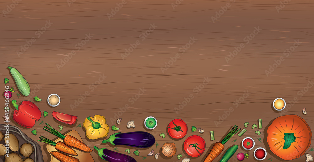 Realistic various vegetables on wooden background - Vector