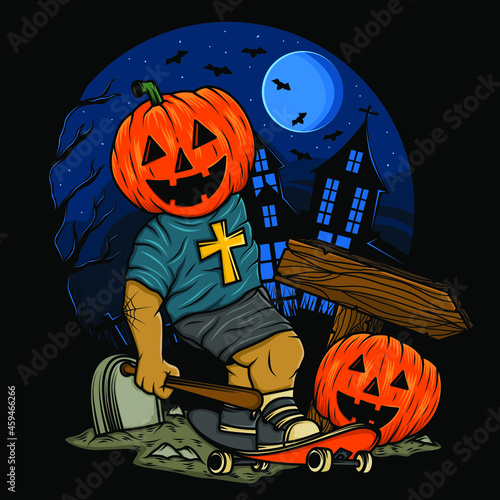 halloween pumpkin skateboard illustration