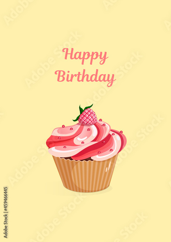 Happy birthday and holiday card on a yellow background. A4 format greeting card template. illustration text can be added  changed. Cupcake for greeting card  menu  banner  sticker. Food design
