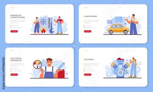 Car service web banner or landing page set. Mechanic in uniform check