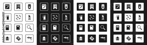 Set Balaclava, Bullet, Hand smoke grenade, Evidence bag with knife, Pepper spray, Safe, Magnifying glass search and Police assault shield icon. Vector