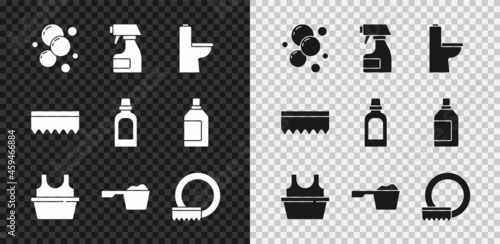 Set Soap water bubbles, Cleaning spray bottle, Toilet bowl, Basin with shirt, Washing powder, dishes, Sponge and Bottle for cleaning agent icon. Vector