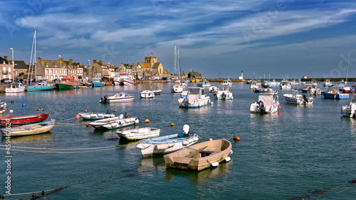 Small boats and ships in the port of Barfleur, a commune in the peninsula of Cotentin in the Manche department in Lower Normandy in north-western France