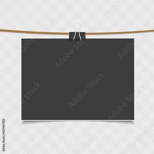 Vintage, blank photo frame with shadow effects hanging on rope. Single, old Photo Card for your picture. Vector illustration in realistic style. EPS 10.