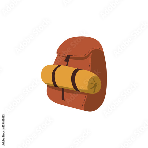 Cartoon hiking backpack. Vector illustration of a brown camper backpack with a sleeping bag. Travel backpack side view.