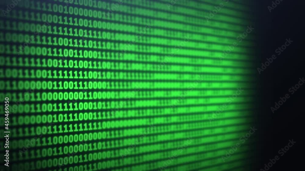 Blur binary code on computer screen background. Green digits listing table. Side view animation. Data technologic concept Blur binary code on computer screen background. Green digits listing table. Side view animation. Data technologic concept