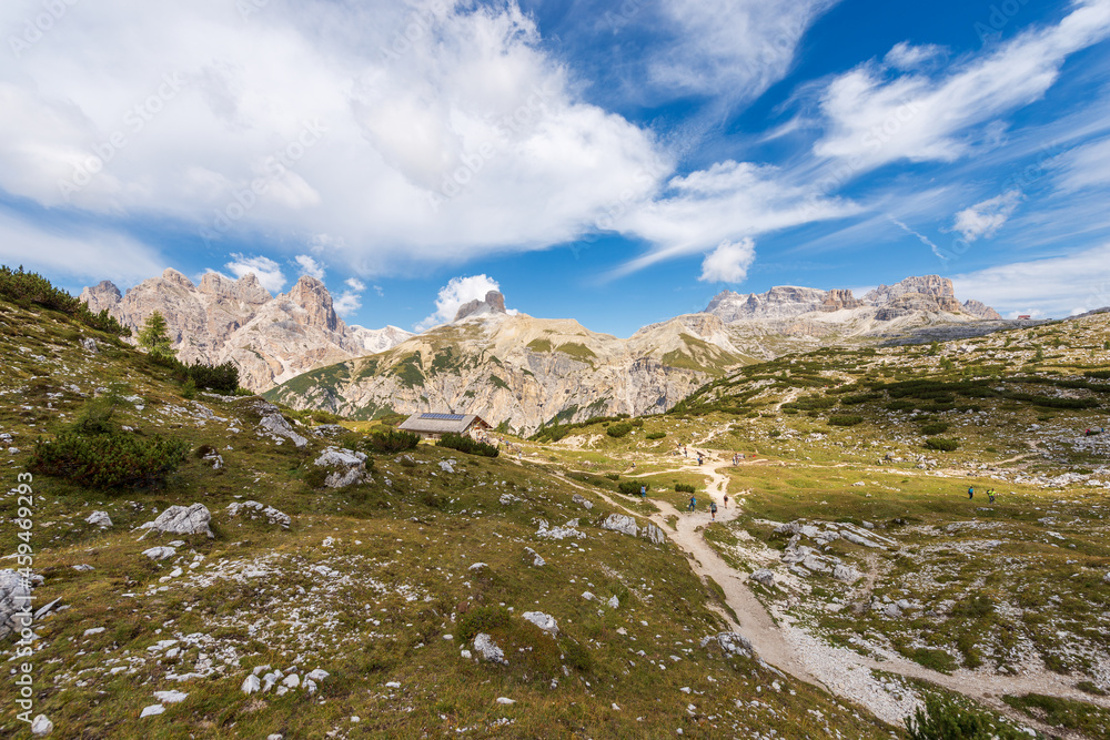 Sesto or Sexten Dolomites view from the Tre Cime di Lavaredo, Dolomiti Di Sesto Natural Park, UNESCO world heritage site, Bolzano, Dobbiaco, Trentino-Alto Adige, Italy, Europe.