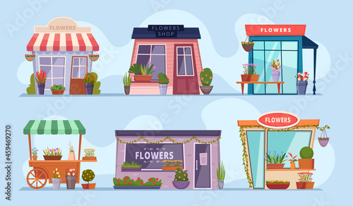 Flowers shop. Beauty boutique with bouquets of flowers colored exotic plants exact vector illustrations